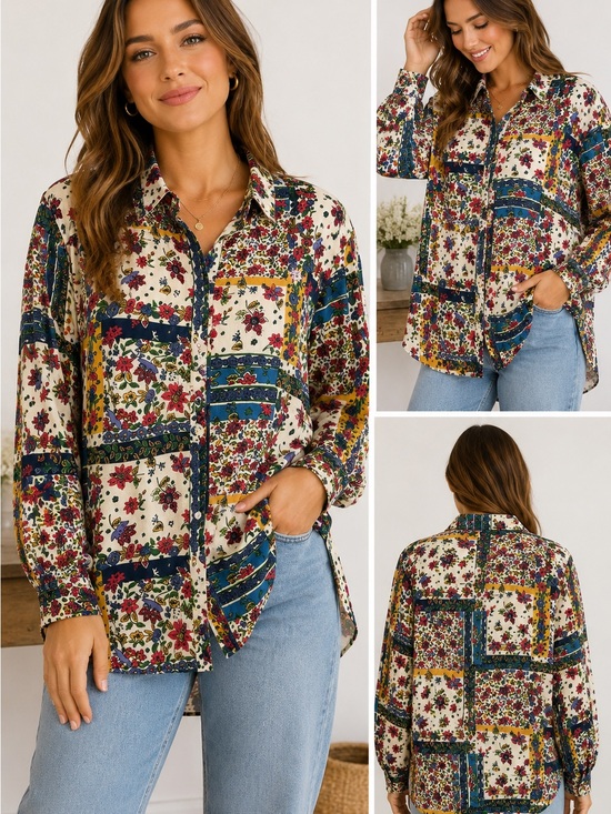 NATURAL LIFE Tops - Natural Life Patchwork Floral Button-Down Tunic Shirt — Medium EUC